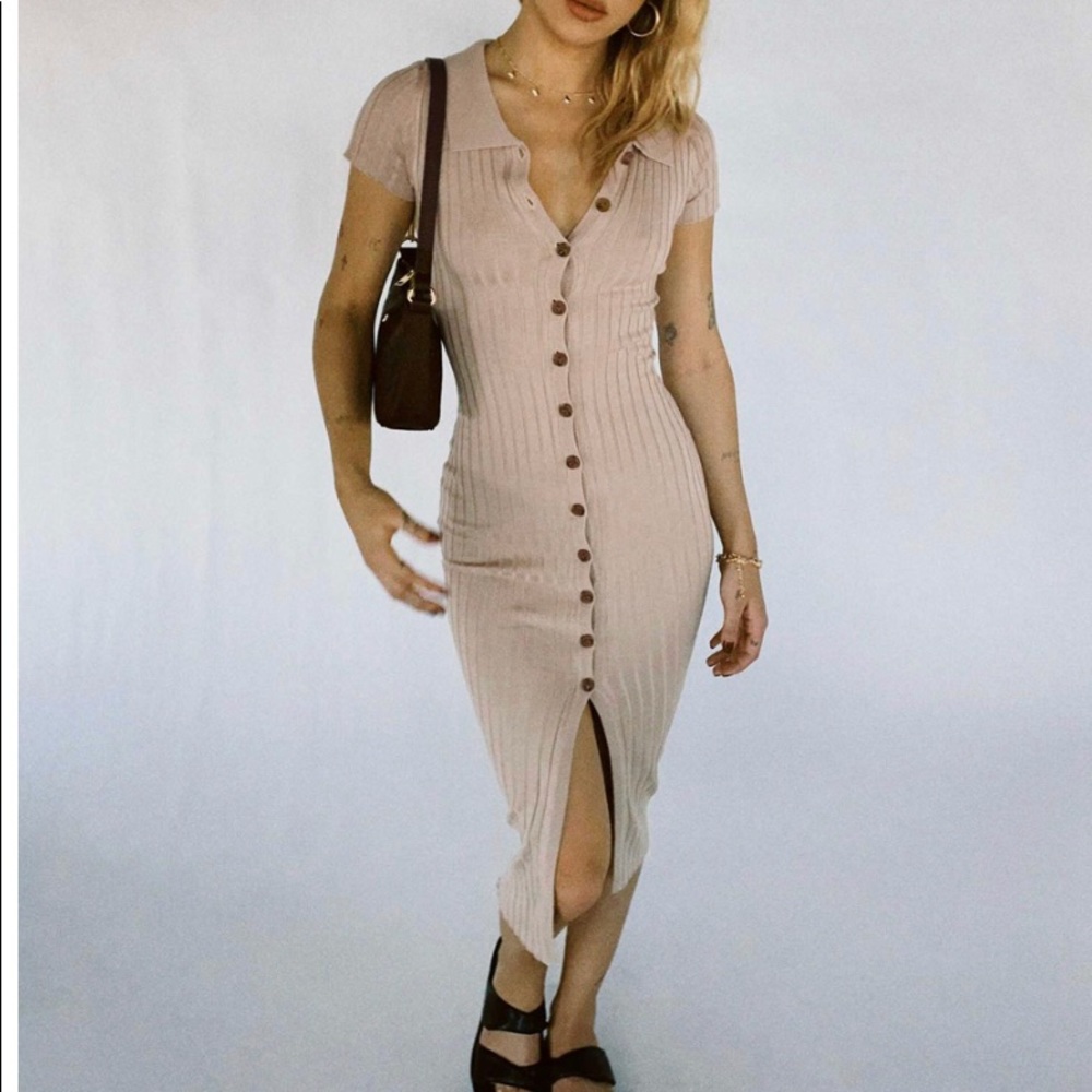 Sarah Midi Dress Ribbed Collar Button button down dress